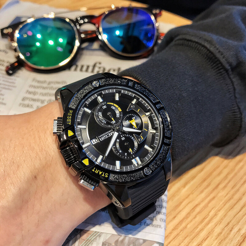 Relógio masculino megir de marca luxuosa, com pulseira de silicone, cronógrafo de quartzo, esportivo militar