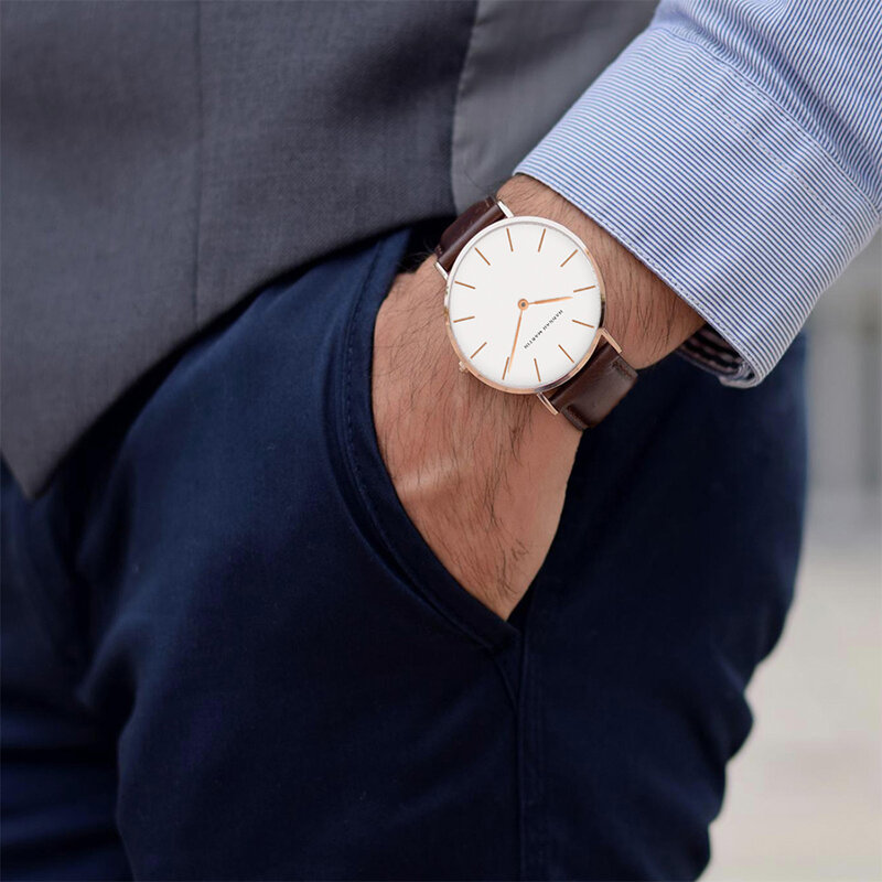 Relógio de pulso quartzo com pulseira de couro masculino, relógio casual de marca de luxo à prova d'água preto e prata para homens