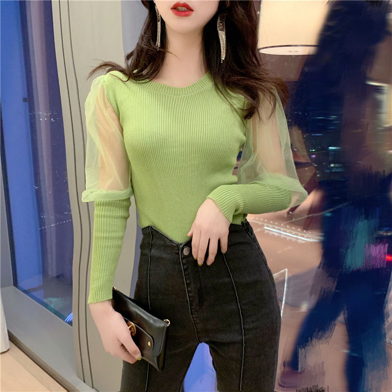 Autumn new mesh bubble sleeve top bottoming shirt women wear long-sleeved  pullover sweater in spring and autumn