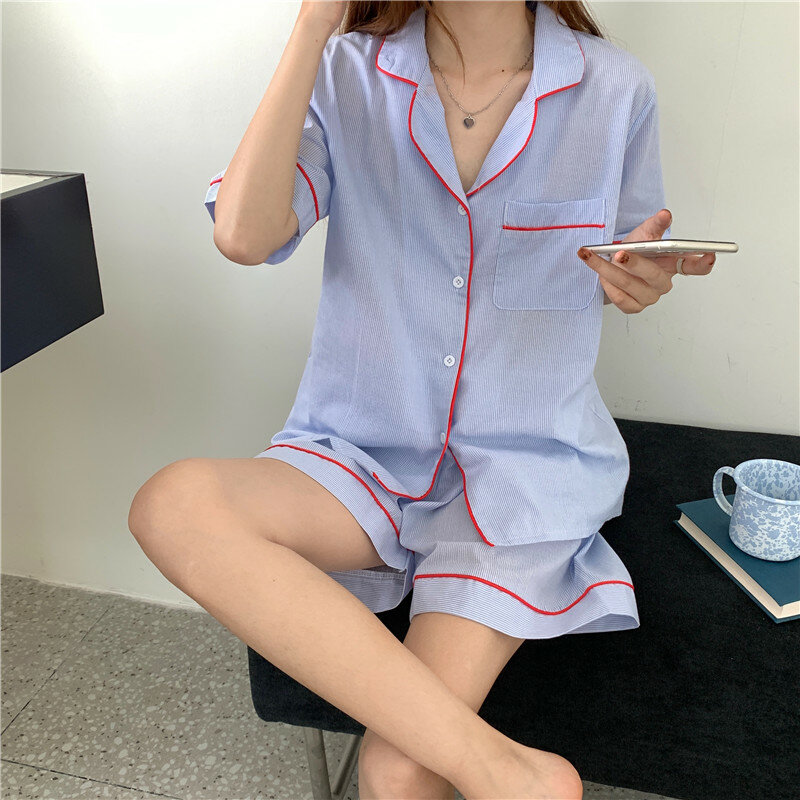 Xiali Koreaanse Ins Zomer Revers Rand Bedekte Knoopsluiting Verse Gestreepte Korte Mouwen Shorts Dunne Pyjama Homewear