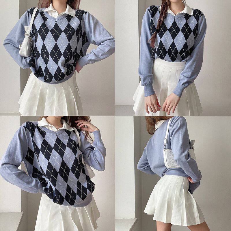 HEYounGIRL White Casual Plaid Argyle Sweater Ladies Y2K Preppy Style Vinage Knit Jumper Women Antumn Winter Pullover Knitwear