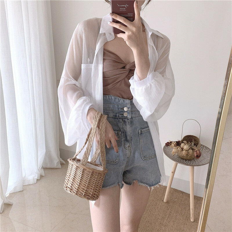 Very Fairy Blouse Loose Thin Sun Protection Clothing Cardigan Summer Korean Style Scheming See-through Chiffon Long Sleeve Shirt