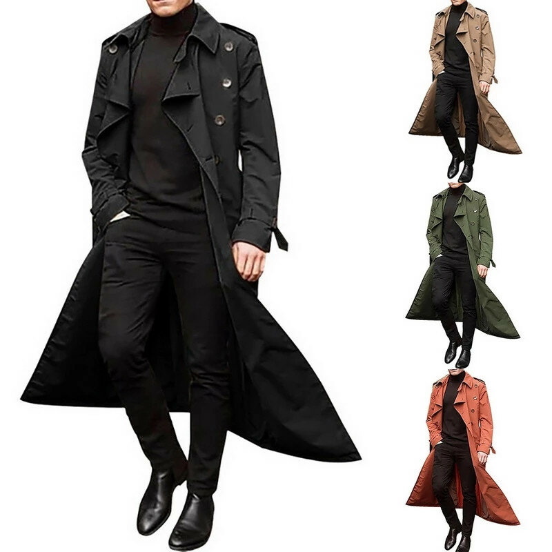 Trench-coat coupe-vent pour homme, coupe-vent Slim, Double poitrine, Long manteau noir, vêtements d'extérieur, printemps automne