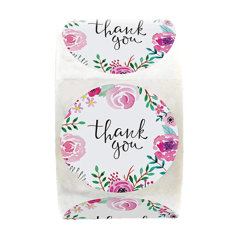 Pegatinas redondas de flores de agradecimiento, etiqueta de sello con rollos de pegatinas rosas para bricolaje, sobre, álbum de recortes, papel adhesivo de papelería, 500 Uds.