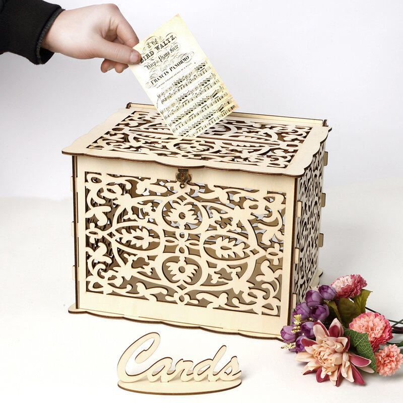 Caixa de madeira para cartões de casamento, suprimentos para casamento, faça você mesmo, padrão de flor, grade, cartão de visita, caixa de madeira, lembranças de festa de aniversário