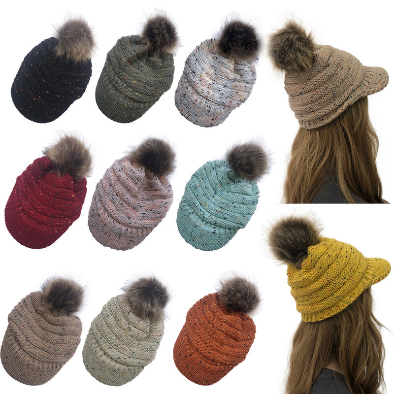 Bonnet en tricot côtelé avec visière et pompon pour femme, chapeau chaud, ample, avec câble, avec visière, hiver