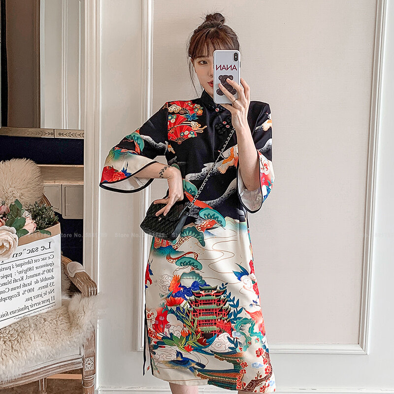 Gaya Cina Cheongsam Fashion Elegan Wanita Retro Qipao Gaun Pesta Wanita Antik Vestidos Cetak Tradisional Oriental Pakaian