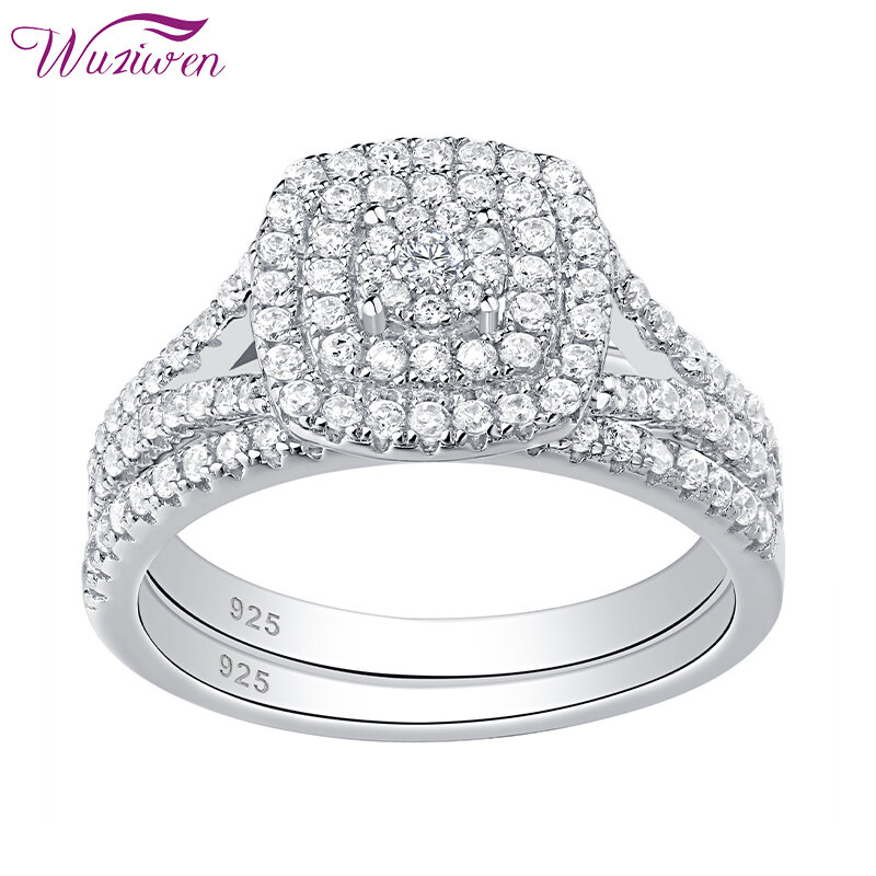 Wuziwen Solid 925 anelli di fidanzamento di nozze in argento Sterling per le donne 2 pezzi Set da sposa taglio rotondo AAAAA zircone gioielli QR5713