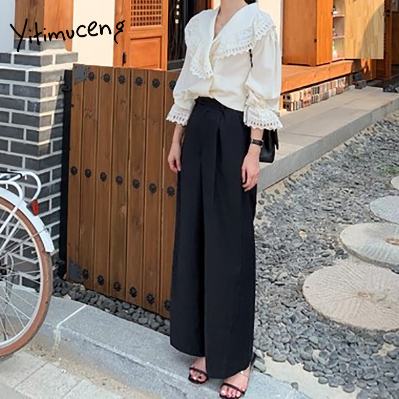 Yitimuceng branco blusa feminina gancho flor oco botão up camisas manga alargamento unicolor 2021 primavera verão coreano moda topos