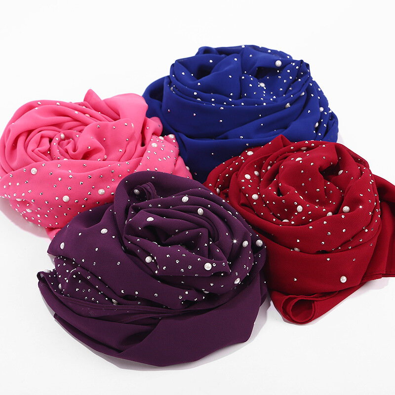 Новый женский шифоновый шарф с пузырьками и бриллиантами, жемчужный шарф, простые хиджабные шали, шали, однотонный мусульманский хиджаб, ша...