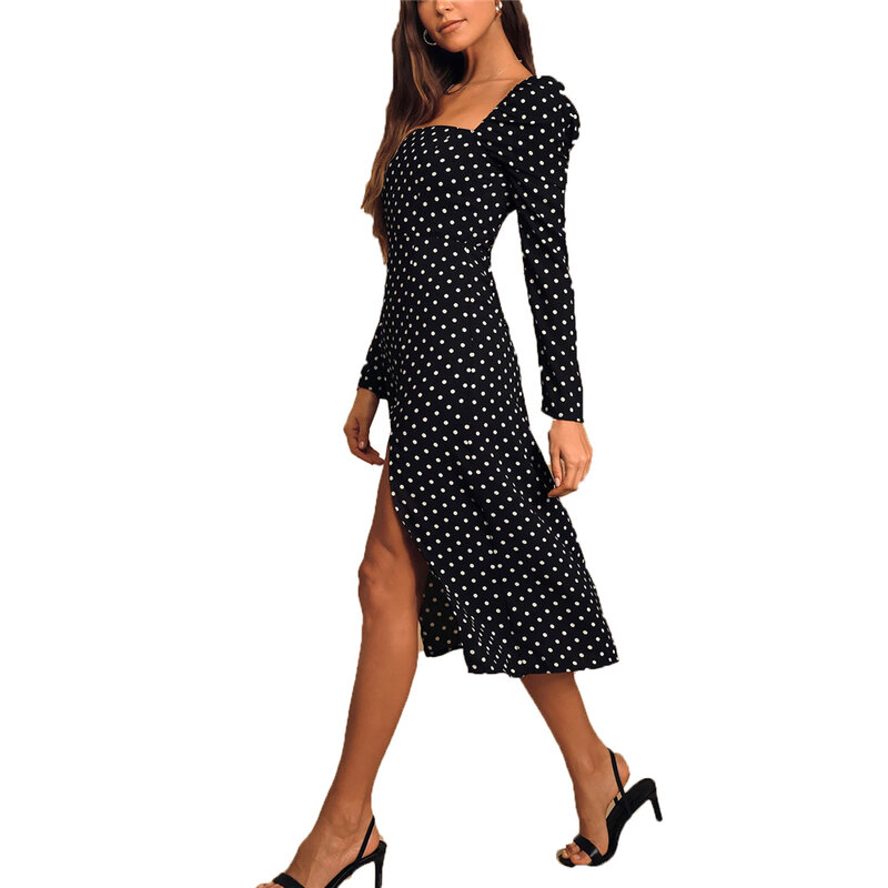 ชุดผู้หญิง2021ฤดูใบไม้ผลิ Vintage Black Polka Dot Midi แขนยาวชุด