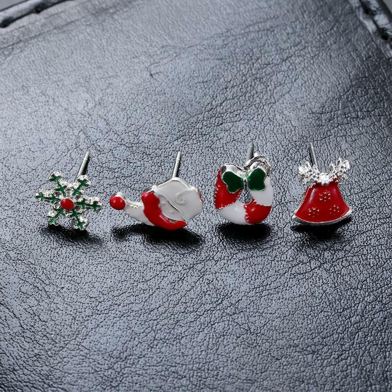 8 쌍 크리스마스 스터드 귀걸이 세트 귀여운 산타 클로스 눈사람 트리 벨 선물 크리스마스 귀걸이 쥬얼리 액세서리 여자 여자 세트