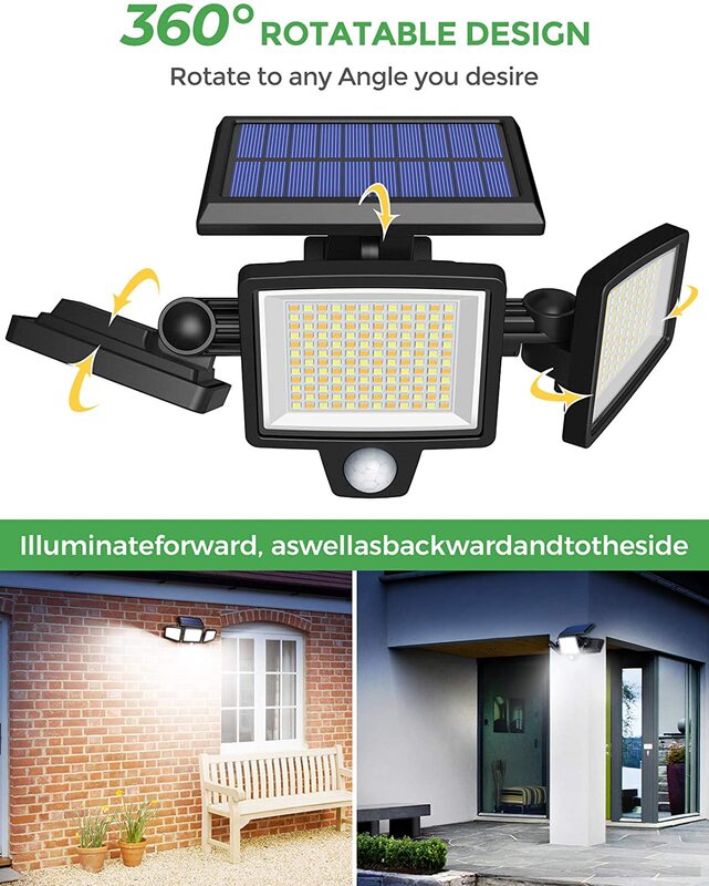 LITOM 304 LEDs 3 Head Motion Sensor Solar LED Light Outdoor 4 Modes 2 Color Temperature IP67 Waterproof Solar Garden Wall Lamp