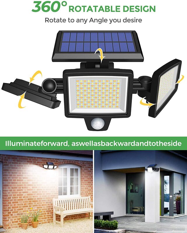 LITOM-Luz LED Solar para exteriores, lámpara de pared con Sensor de movimiento de 3 cabezales, 2 colores y 4 modos de temperatura, impermeable IP67, 304 LED