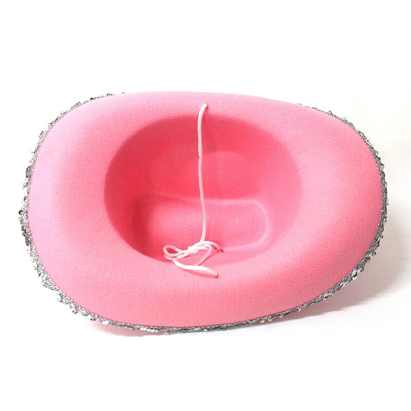 Sombrero vaquero rosado de estilo occidental para mujer, gorros de fiesta de ala ancha forrada con decoración de lentejuelas, corona, Tiara, sombrero de vaquera