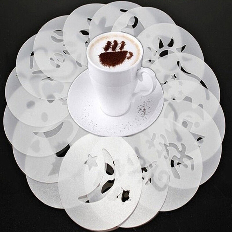 NEUE 16 Pcs Kunststoff Phantasie Koffie Afdrukken Modell Barista Schablonen Decoratie Gereedschappen Cafe Schuim Spuiten Vorlage Pochoir