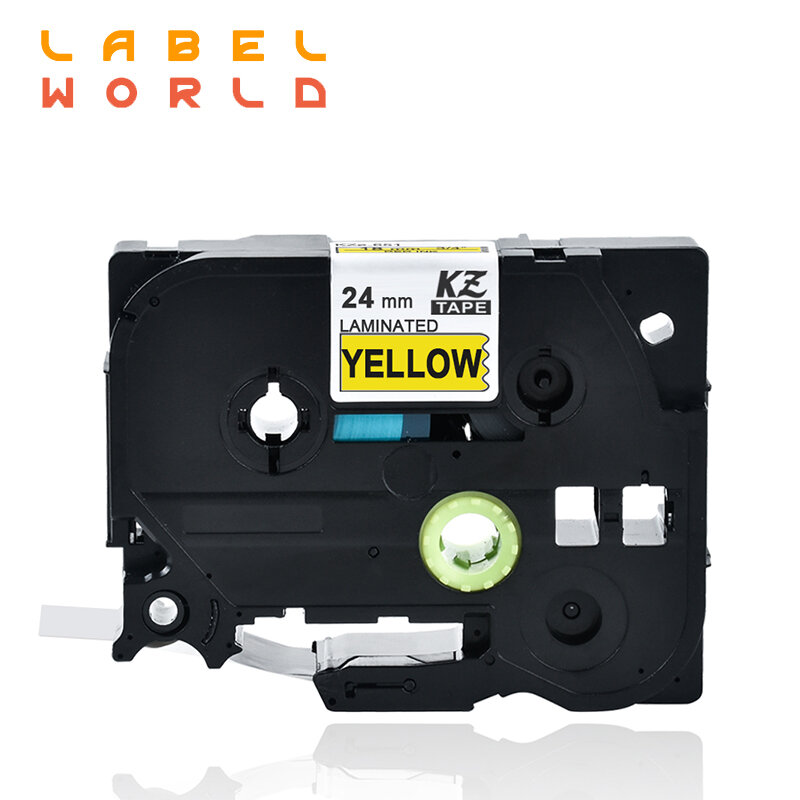 Fita de rótulo world 24mm tze preto em amarelo para impressora, fita para rótulo compatível com brother