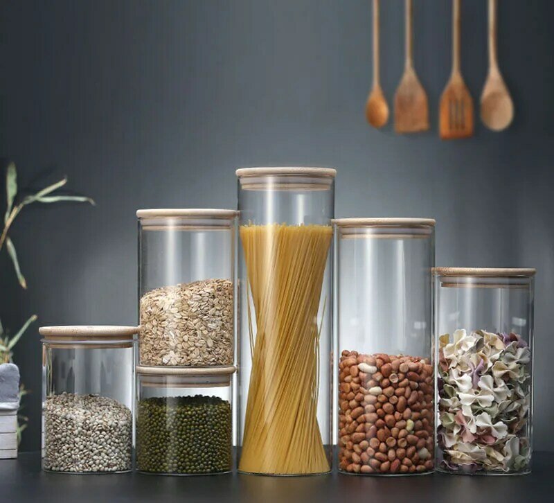Serbatoio di stoccaggio contenitore per alimenti coperto di bambù alto borosilicato serbatoio di vetro sigillato cucina organizzatore di cereali vari