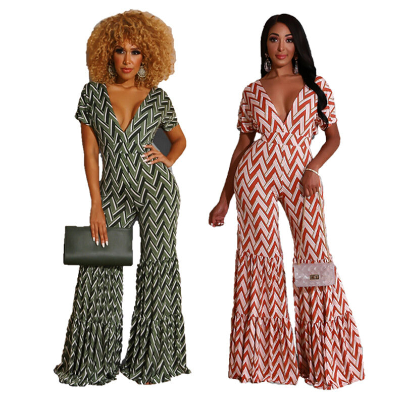 S-2XL The New Sexy V-neck Halter Jumpsuit For Summer 2021 Sewn Flared Pantsuit With Short Sleeves Printed Backless Jumpsuit