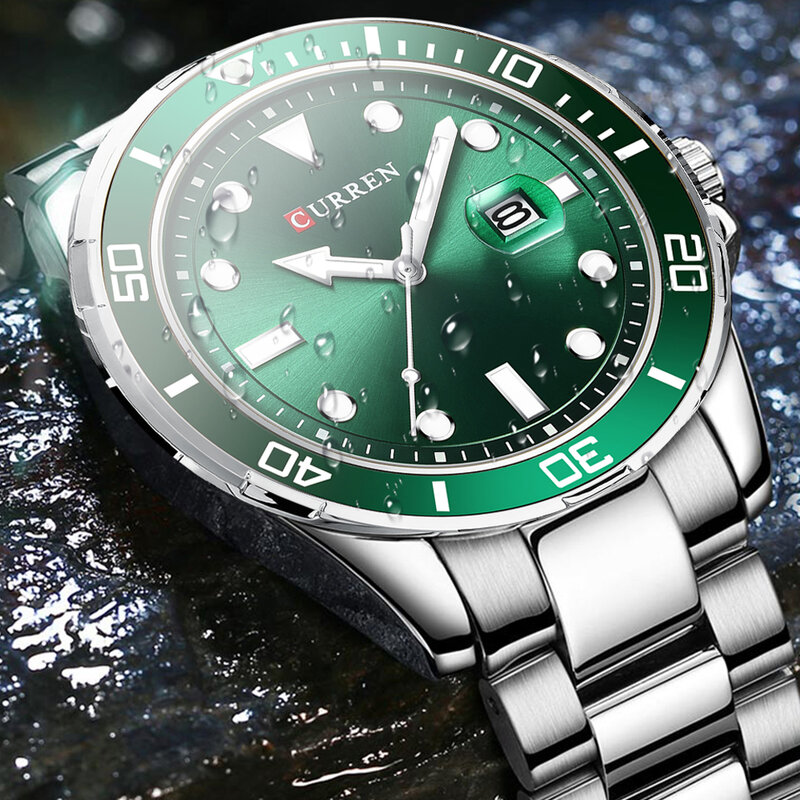Curren clássico design de aço inoxidável verde face relógio para homens moda quartzo relógios masculinos montre homme masculino relógio à prova dwaterproof água