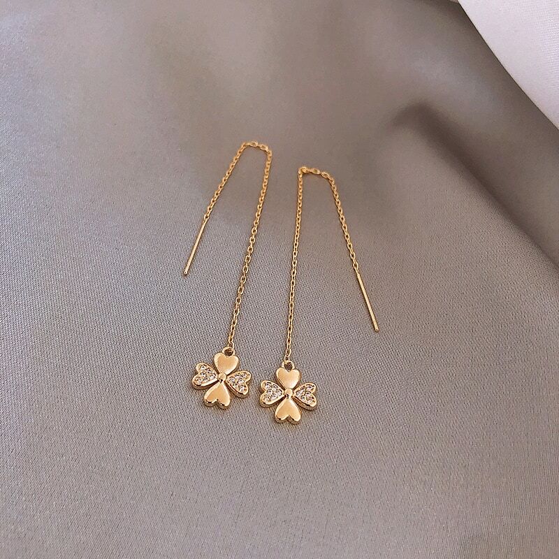 Boucles d'oreilles Style Mori, Micro incrusté de diamants, quatre pétales suspendus, boucles d'oreilles pour filles, fraîches et douces