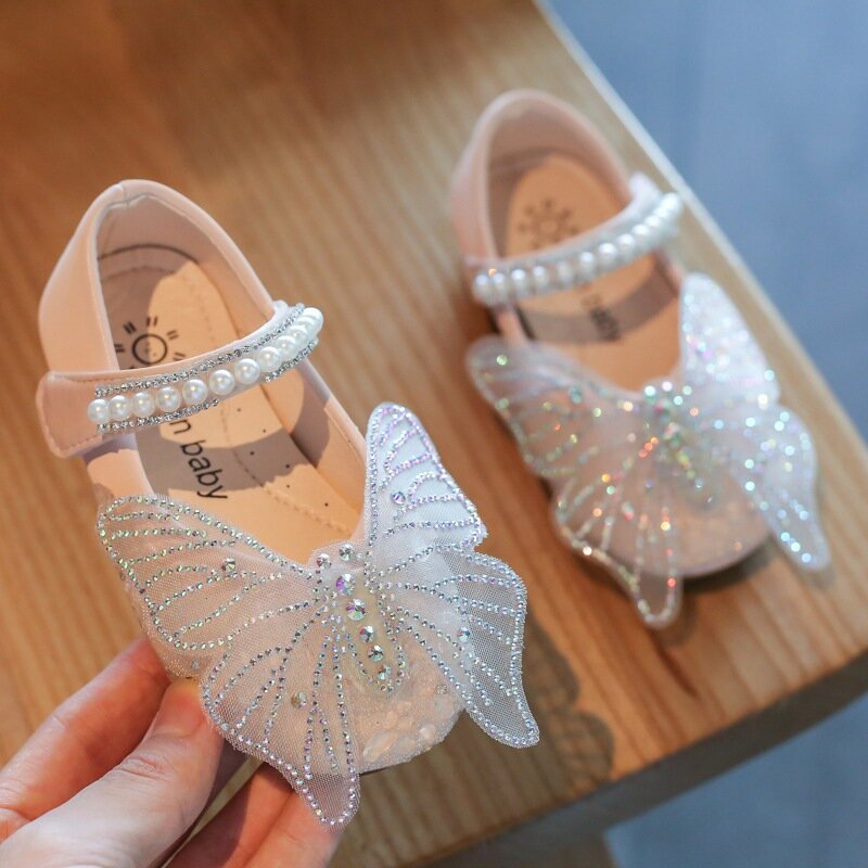Chaussures en cuir pour bébés filles, chaussures d'automne simples à perles, strass papillon avec perle scintillante
