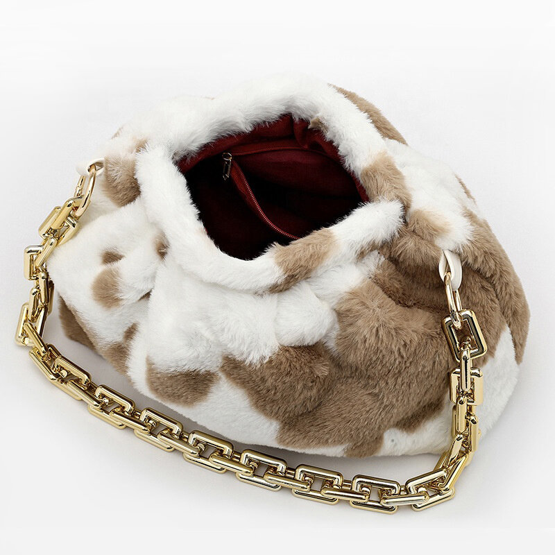 Bolso de hombro con estampado Animal para mujer, conjunto de bolso con cadena y gorro de cubo de piel a juego, de felpa, para invierno, 2021