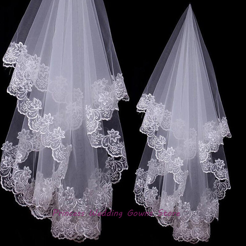 Barato curto véus de noiva com borda do laço novo cabo mariage curto casamento véus acessórios