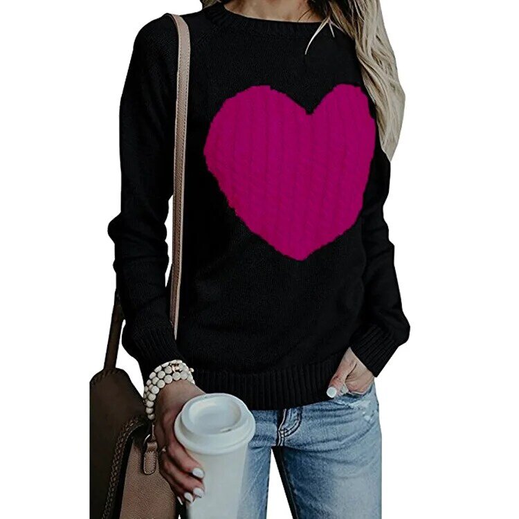 Suéter largo de punto con diseño de corazón para mujer, Jersey holgado de punto, rosa, coreano, Vintage, Otoño e Invierno