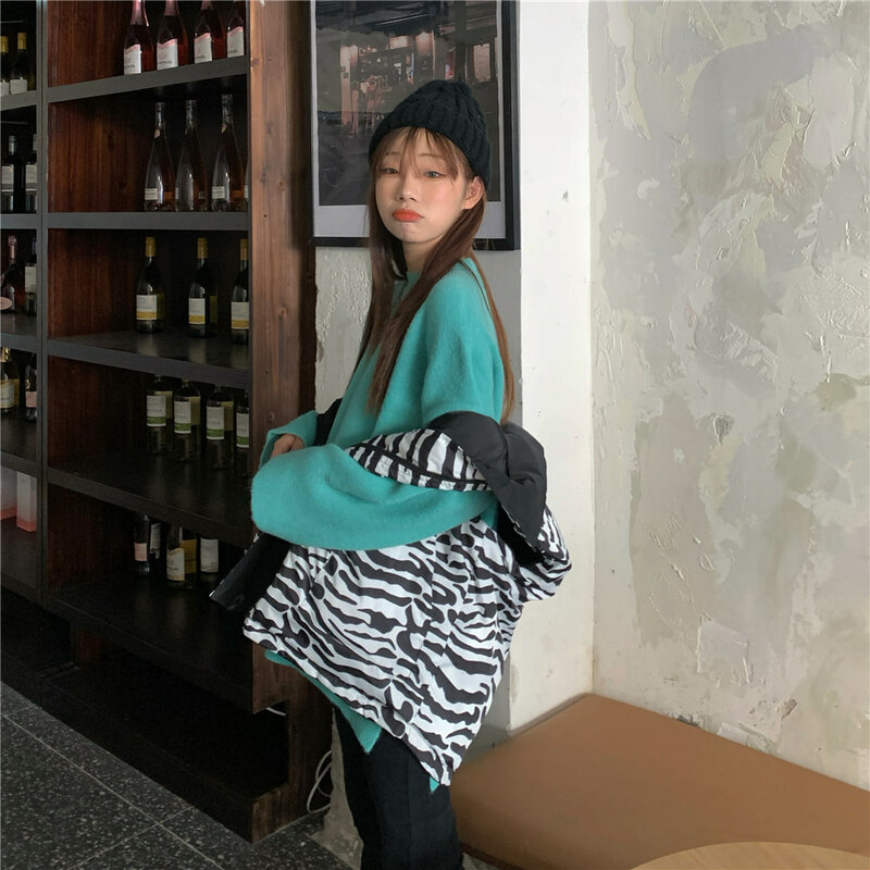 Moda nova coreano solto zebra dois lado algodão colete + camisola de malha