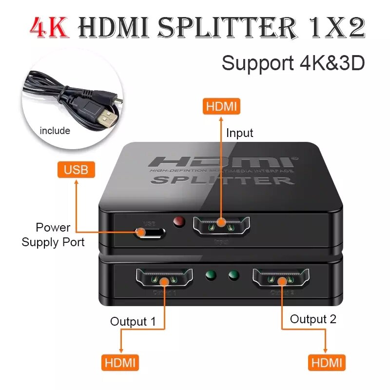4K 1080p HDMI Splitter 1x2 1 in 2 out HDCP Stripper 3D Splitter Power Signal Amplifier For HDTV DVD PS4 Xbox With Packing  box
