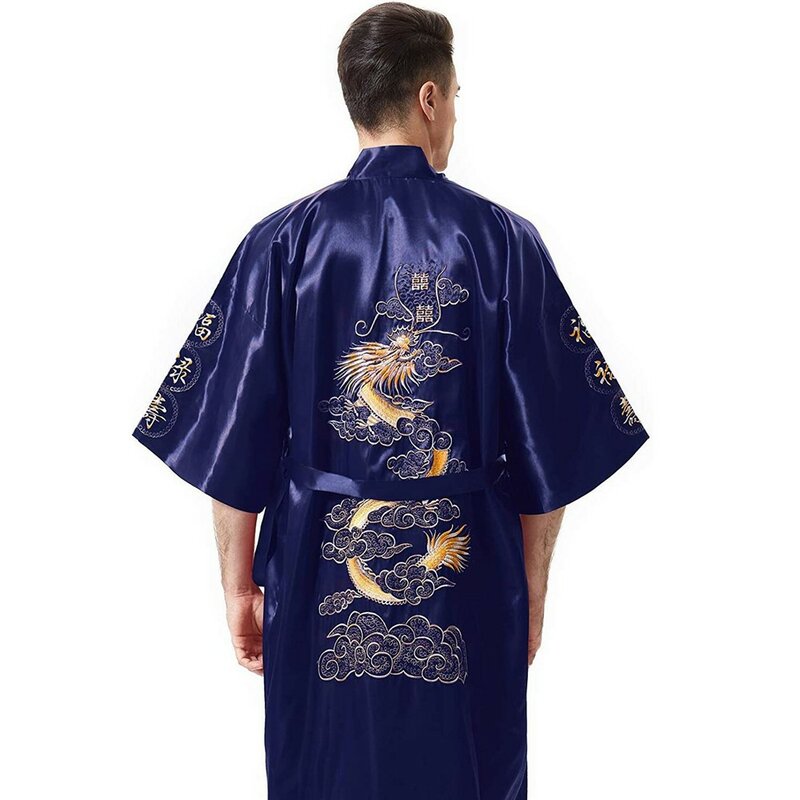 Lingerie Intim Jubah Naga Bordir Lembut Piyama Pria Pakaian Tidur Tradisional Ukuran Plus 3xl Pakaian Tidur Gaun Jubah Mandi Kimono