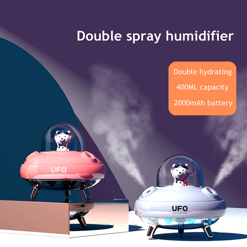 Humidificador de aire con boquillas duales, difusor de Aroma inalámbrico recargable por USB, ultrasónico, generador de niebla de oso de dibujos animados, UFO