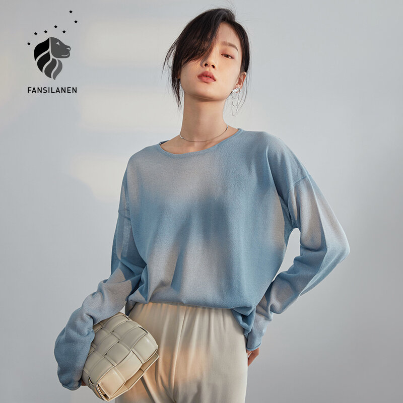 Maglieria FANSILANEN sottile donna 2021 nuova protezione solare camicetta T-Shirt a maniche lunghe camicia Base allentata Top blu Office Lady Top