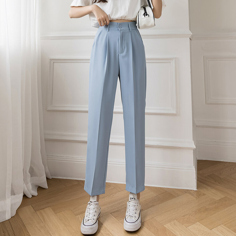 Pantalones rectos Vintage para mujer, traje holgado informal pequeño de nueve puntos, con botones y cintura alta, novedad de 2021, 102E