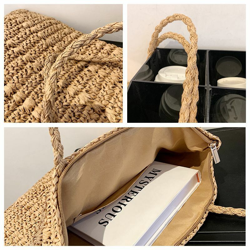 Bolsa de mão de palha para mulheres, bolsa de mão tecido de verão casual, bolsa de mão de grande capacidade, bolsa boêmia de praia, sacola de palha para mulheres