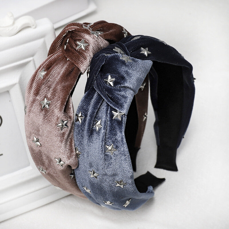 Solid Color Woman Drilling Stars Knotted Wide Side Velvet Hairbands Fashion Cloth Headbands Korean Style Simple Hair Accessories