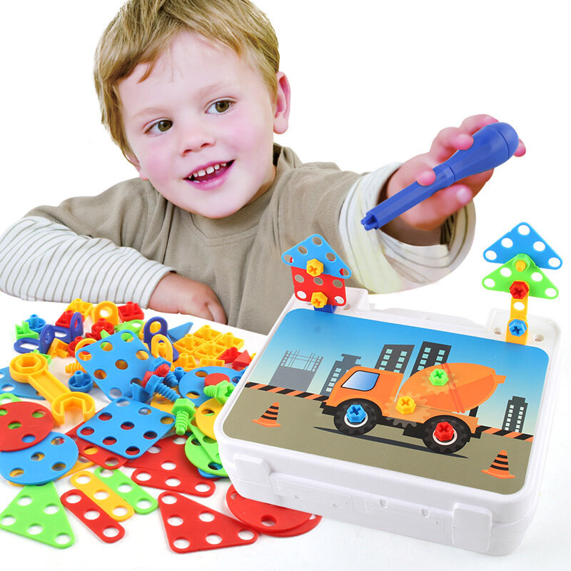 الأطفال لتقوم بها بنفسك نموذج بناء # CXL200-65B الإبداعية برغي الجمعية ورقة من البلاستيك مع بطاقة في البلاستيك صندوق قابل للحمل الجذعية لعبة