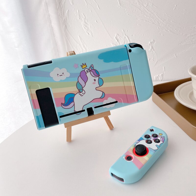 Funda protectora para Nintendo Switch y OLED, cubierta completa de TPU suave con dibujos de unicornios y arcoíris, para parejas