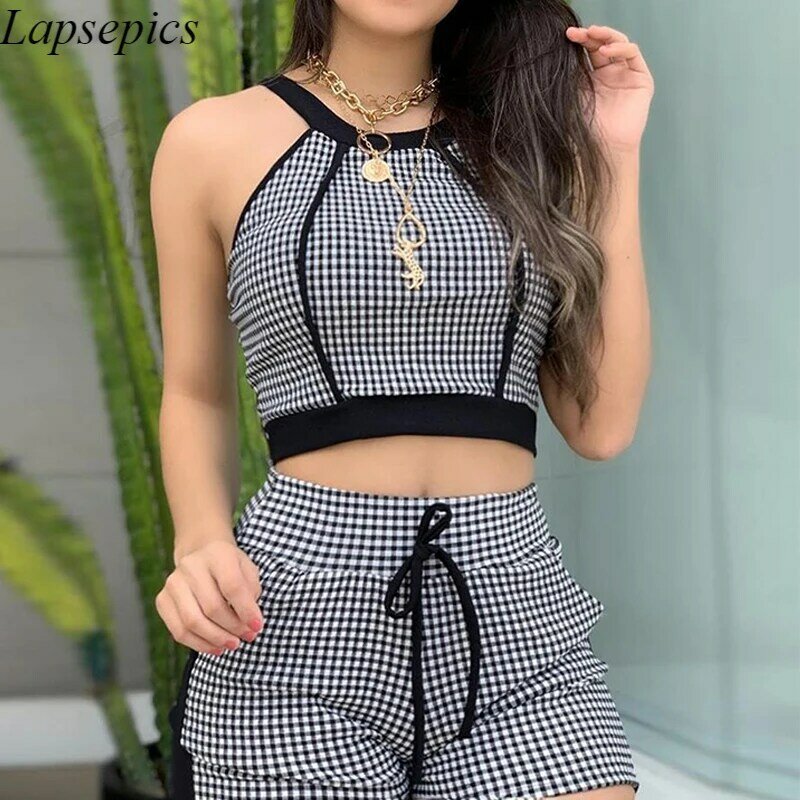 Feminino verão cinza xadrez sem mangas top colheita & drawstring calças curtas 2 peça conjunto feminino casual curto conjuntos