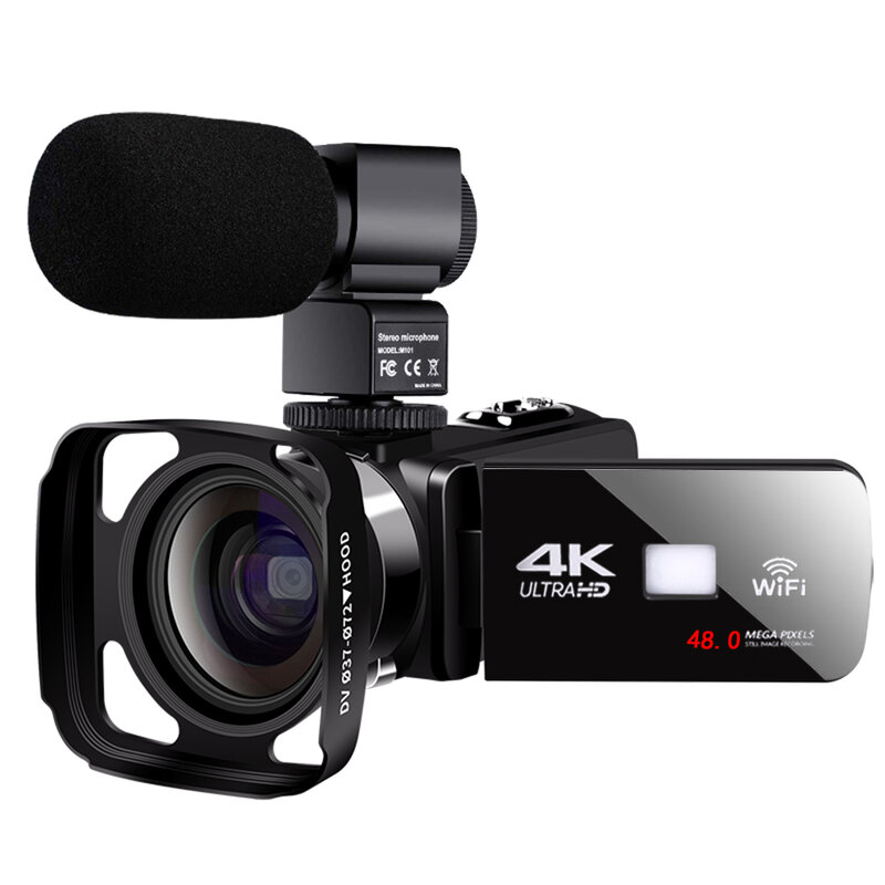 풀 4K 디지털 비디오 카메라 와이드 앵글 렌즈 후드, 와이파이 야간 투시경, 터치 스크린, 전문 캠코더, 타임 랩스 사진
