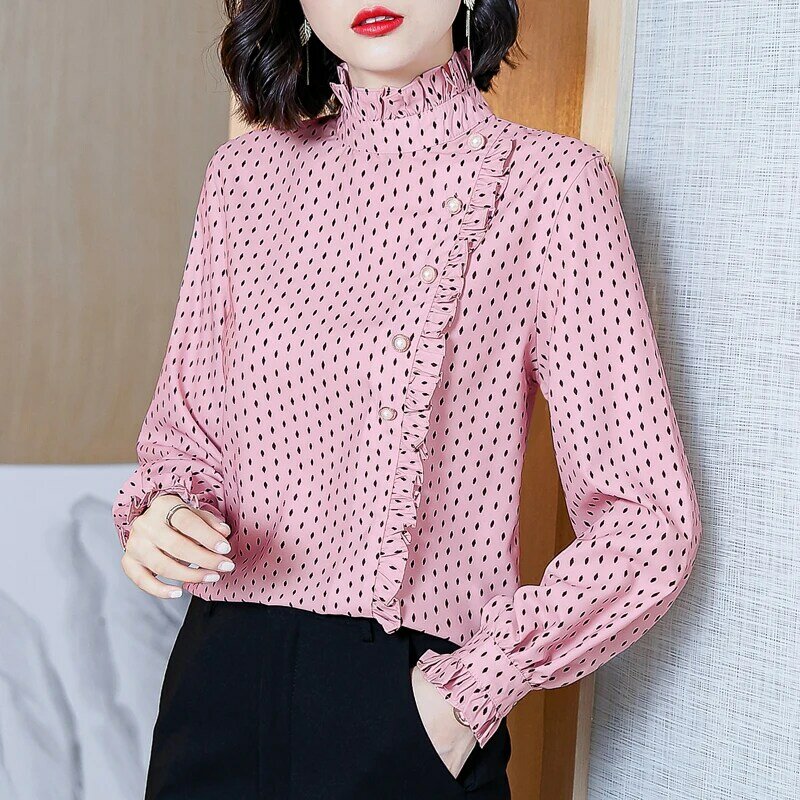 Blusa Coreana de manga larga para mujer, Camisa de gasa Vintage con volantes, estampado de lunares, OL