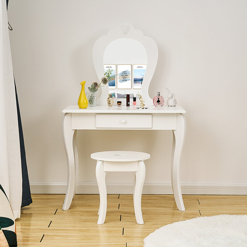 Panana Princess Girls Dressing Table Premium Quality Makeup Table Stool Mirror Little Kids Bedroom Girls Present White/ Pink