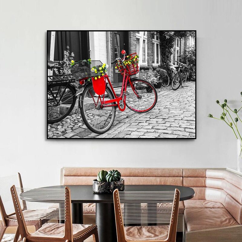 Nordic street scenery retro art canvas painting red bicycle poster office wall painting living room home decoration mural