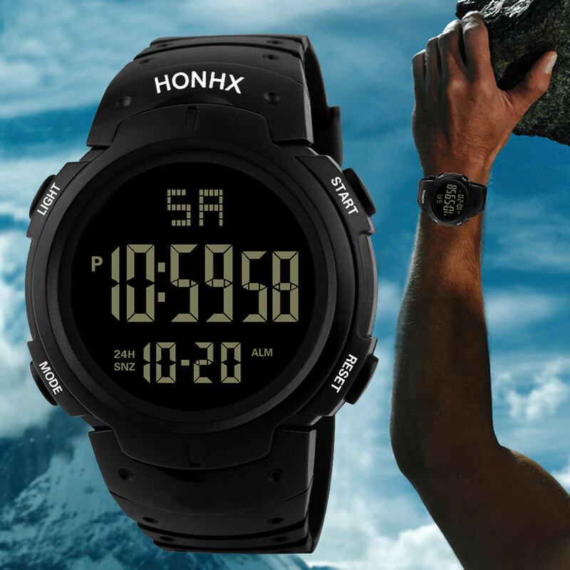 Relógio masculino esportivo à prova d'água, relógio de pulso digital de quartzo com led e data