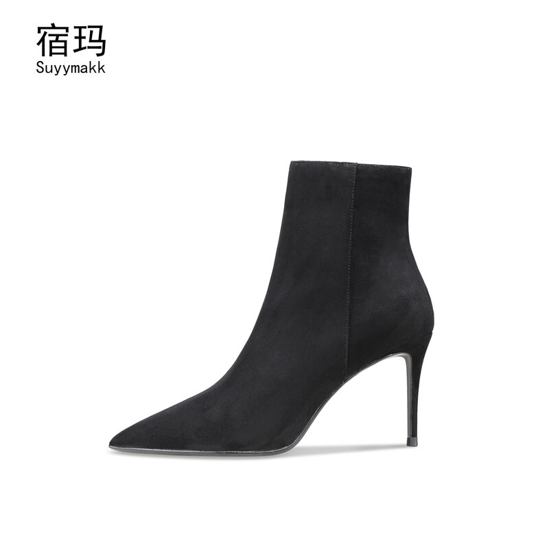 Women High Heel Boots Sexy Flock Stretch Boots Party Ankle Booties 2021 Winter Female Thin Heel Pointed Toe Short Boots 6/8cm 11