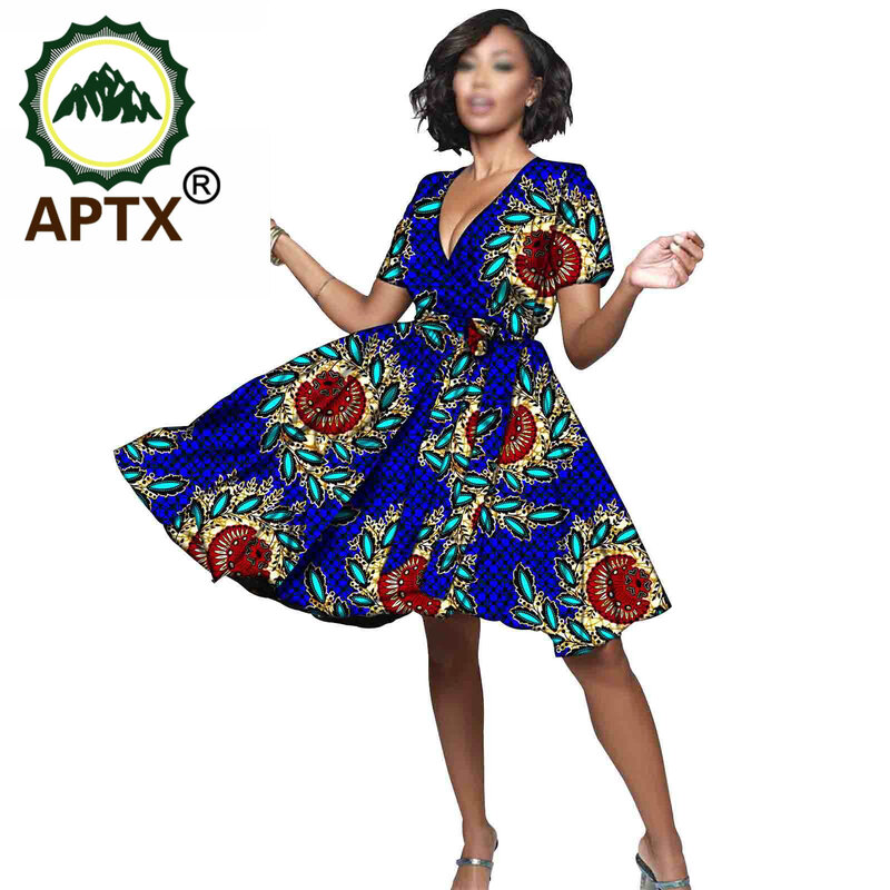 Ropa africana para mujer, falda Floral de manga corta con cuello en V, estilo Ankara, Dashiki por encima de la rodilla, diseño contraído, algodón puro con cera