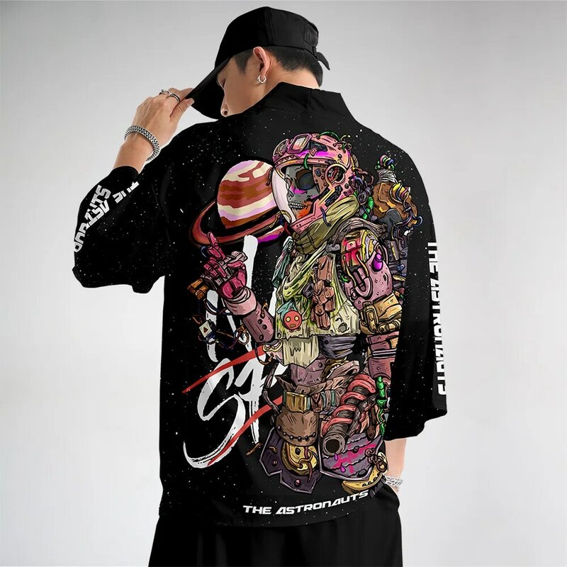 Kimono con estampado de astronauta negro para hombre, abrigo y pantalón, cárdigan japonés, Harajuku, Haori, Samurai, ropa de calle, Yukata