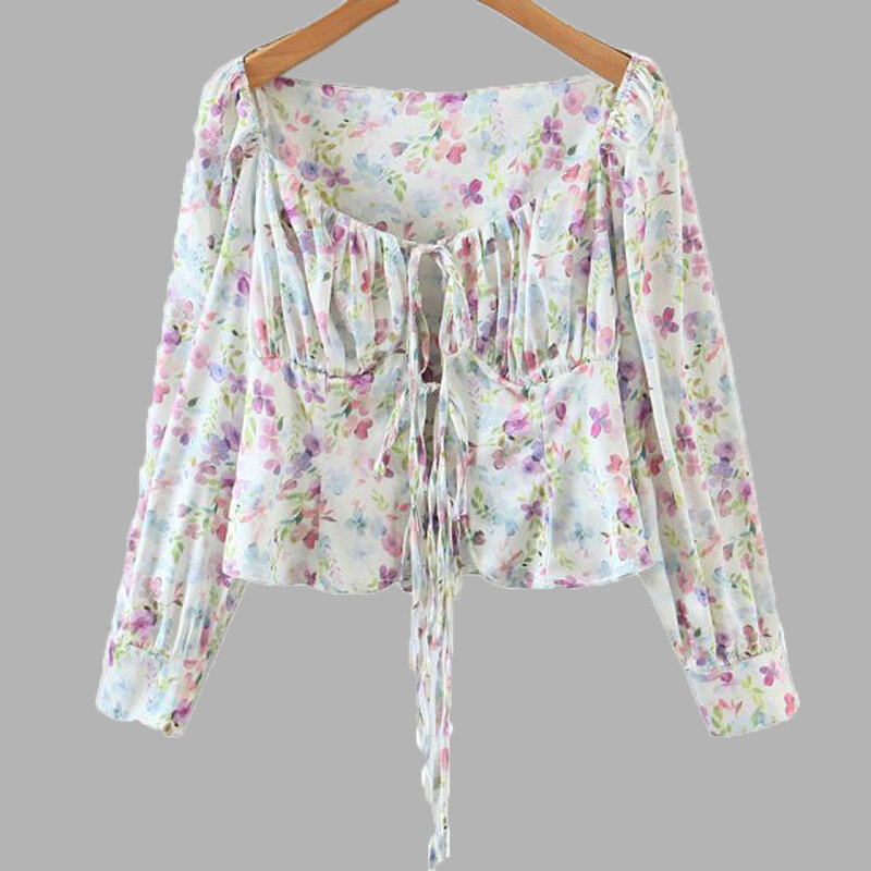 Blusa de manga larga con cuello cuadrado para mujer, blusas de estilo coreano para chicas, blusas elegantes con estampado Floral de retales, 2021