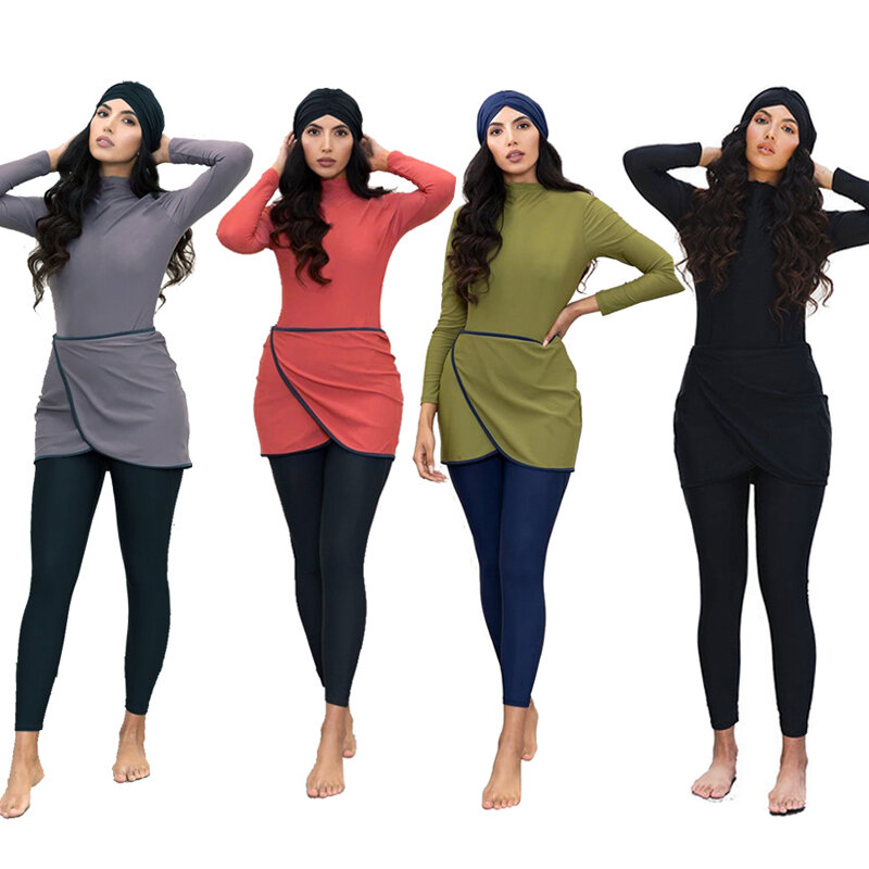 Haofan 2020 muçulmano banho feminino modesto retalhos hijab mangas compridas esporte maiô 3 pçs islâmico burkinis usar maiô 4xl